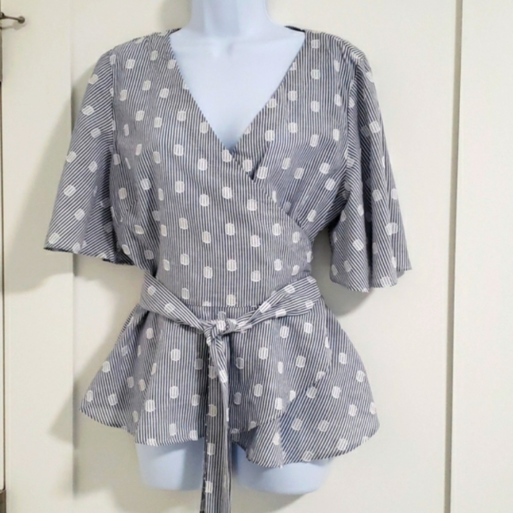 LOFT Blue and White Dots & Stripes Wrap Top